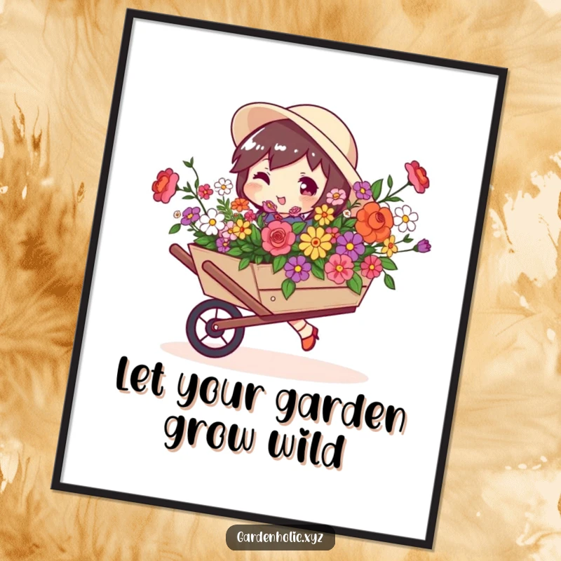 Funny Free Printable Wall Art: Character struts with a playful swagger, pushing a wheelbarrow abundantly filled with colorful blooms.