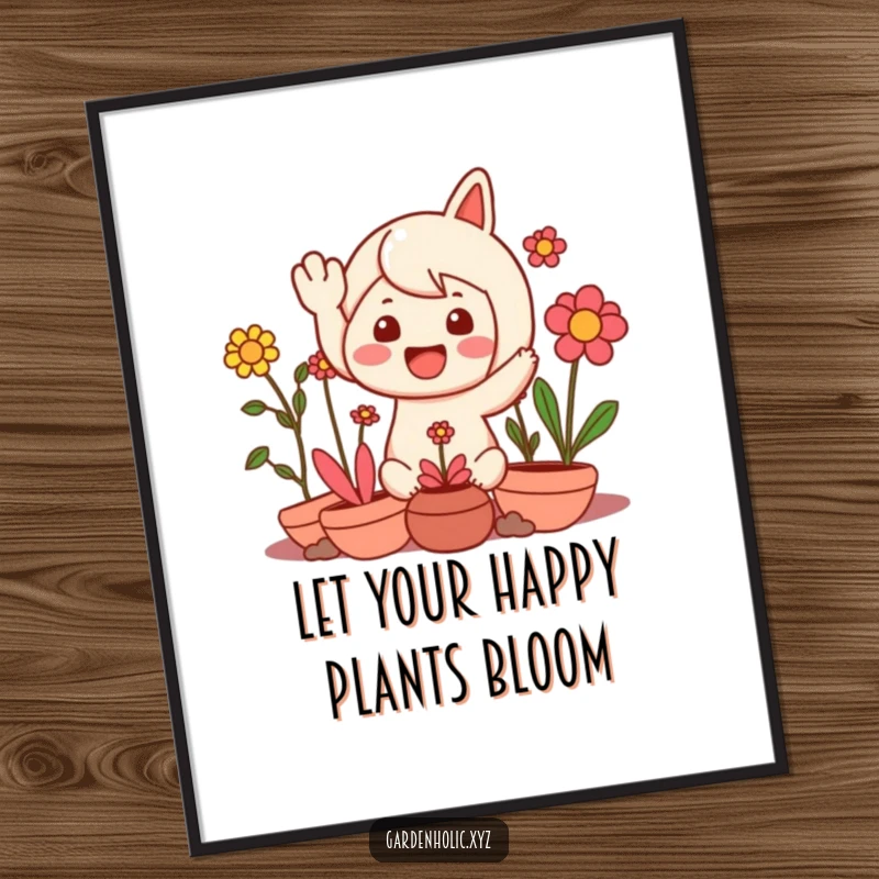 Funny Free Printable Wall Art: A delighted character waving enthusiastically, embraced by a lively group of smiling, happy plants.