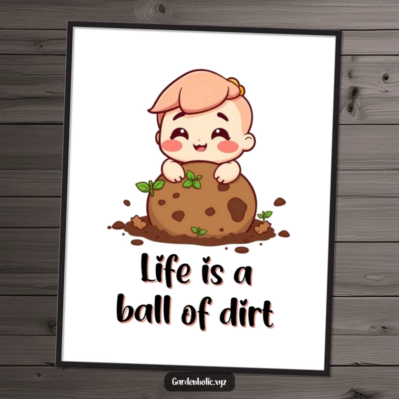Funny Free Printable Wall Art: A happy character joyfully rolling a ball of soil with a big, cheerful grin.