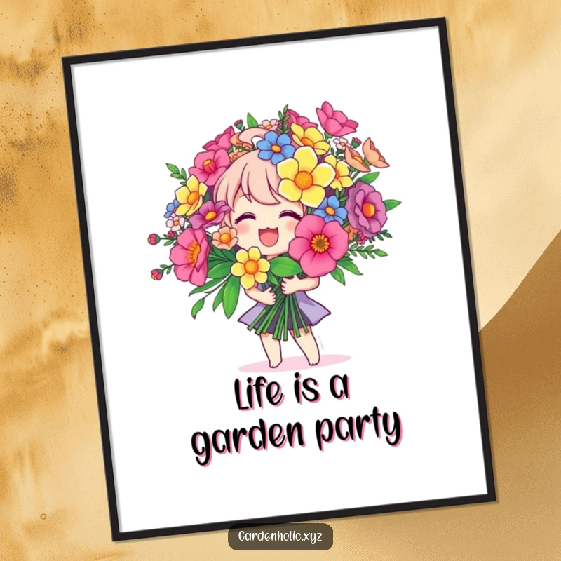 Funny Free Printable Wall Art: Joyful character beams, holding a massive, colorful bouquet, spreading happiness.