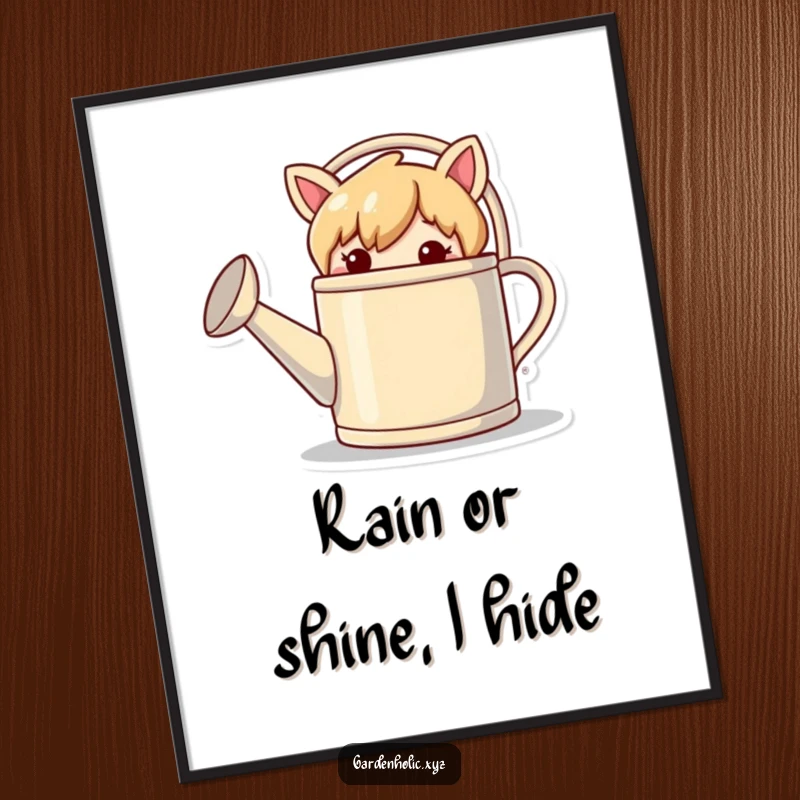 Funny Free Printable Wall Art: Mischievous character hiding behind a giant watering can, with a playful glint.