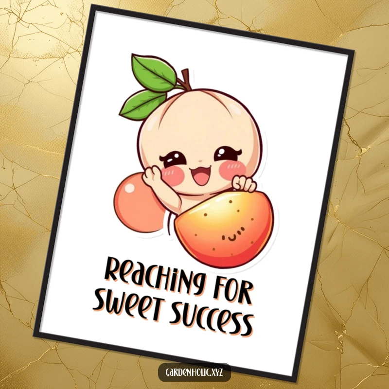 Funny Free Printable Wall Art: A cheerful character smiles while reaching for a large, juicy, ripe fruit, symbolizing temptation and delight.