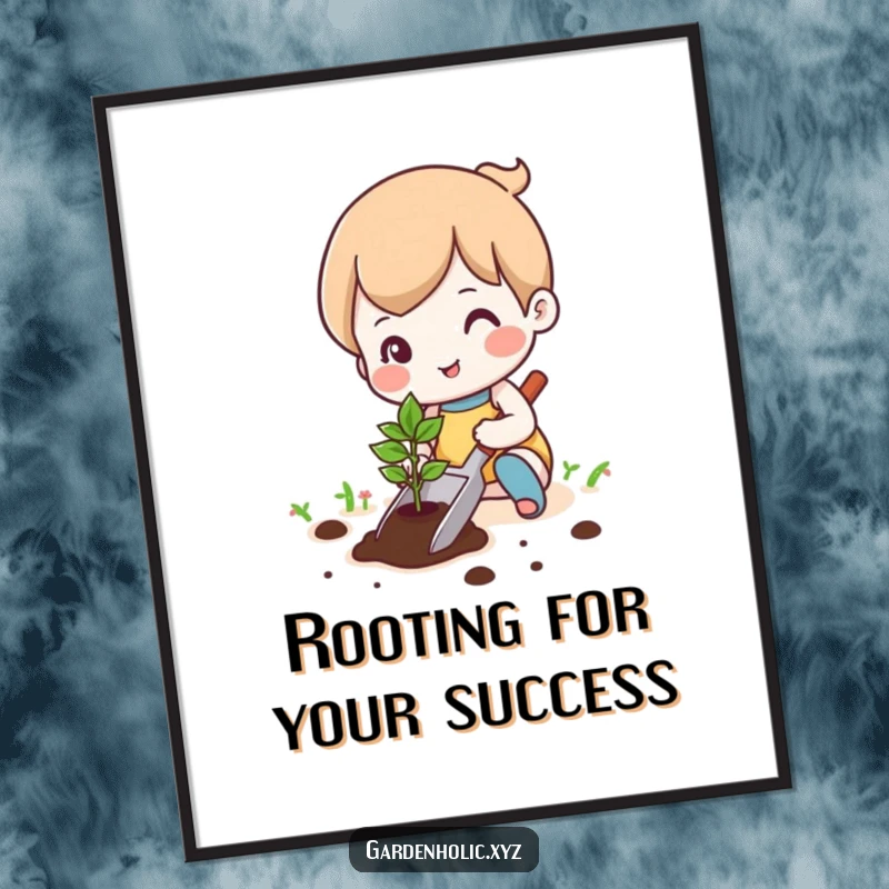 Funny Free Printable character planting a tiny seedling with a trowel, cute downloadable wall art.