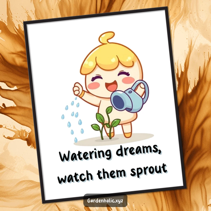 Funny Free Printable Wall Art: Joyful character happily waters a tiny sprout with a watering can, creating a cheerful and inspiring visual.