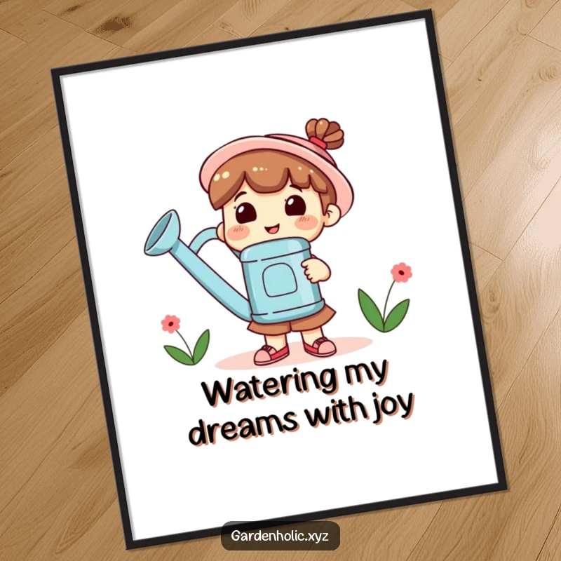 Funny Free Printable Wall Art: Cute smiling character holding a giant watering can, symbolizing growth, care, and happiness.