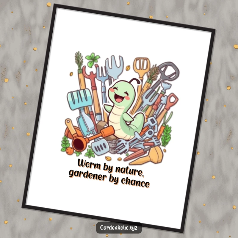 Funny Free Printable Wall Art: Giggling worm joyfully swimming through a colorful pile of gardening tools, a scene of pure garden happiness.