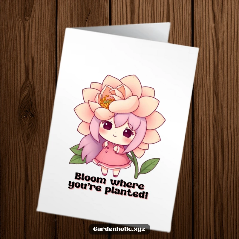 Funny Free Printable Birthday Card: A character happily admiring a giant, freshly bloomed flower, radiating pure delight.