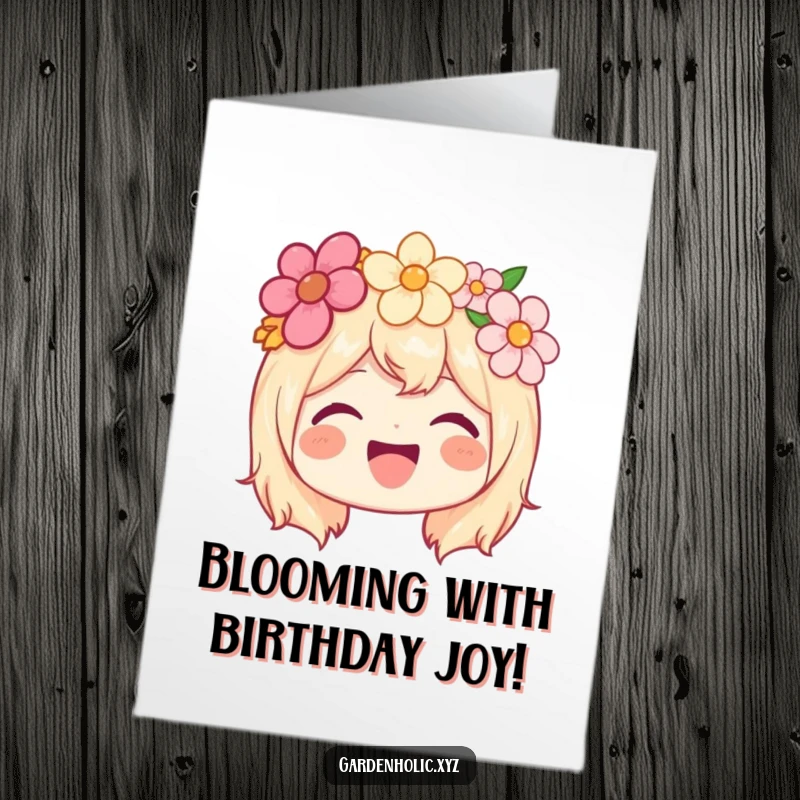 Funny Free Printable Birthday Card: Joyful character wearing a flower crown, beaming with pure happiness.