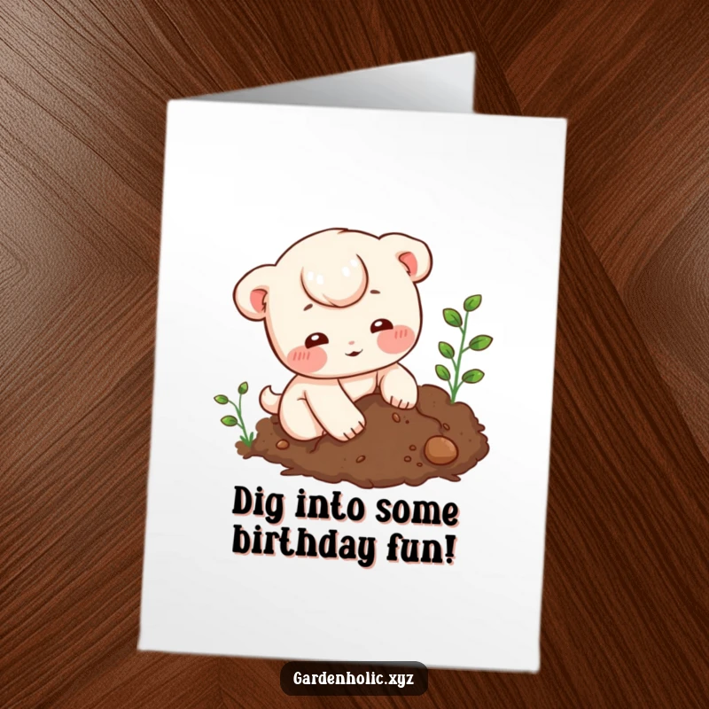 Funny Free Printable Birthday Card: Character with rosy cheeks digging playfully in soil, a humorous and earthy birthday wish, downloadable.
