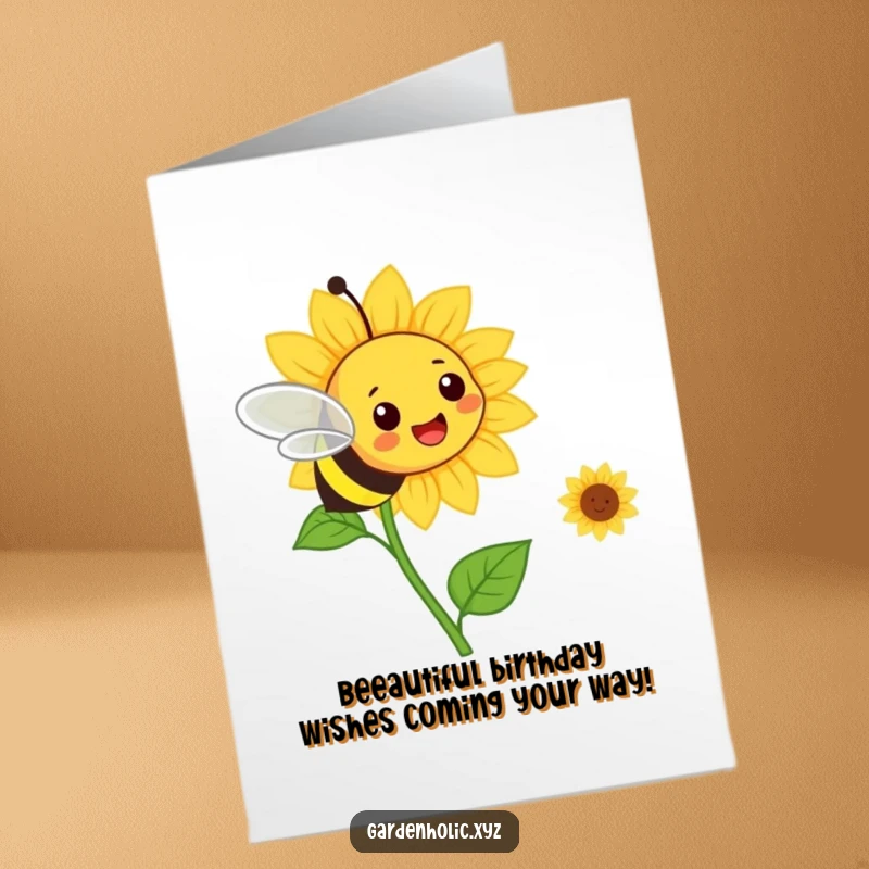 Funny Free Printable Birthday Card: A cheerful bee happily flies towards a smiling sunflower, spreading birthday cheer.