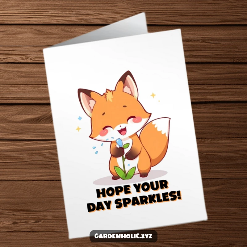 Funny Free Printable Birthday Card: Joyful fox showering a small plant with sparkling water.