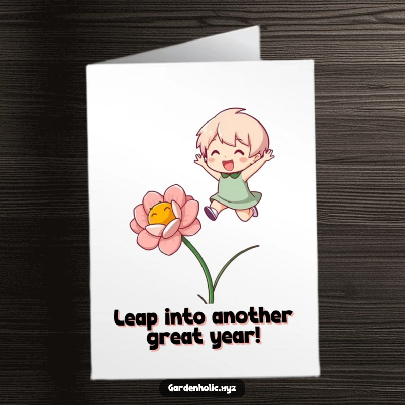 Funny Free Printable Birthday Card: Character leaping with glee over a vibrant blooming flower, conveying pure celebration and downloadable joy.