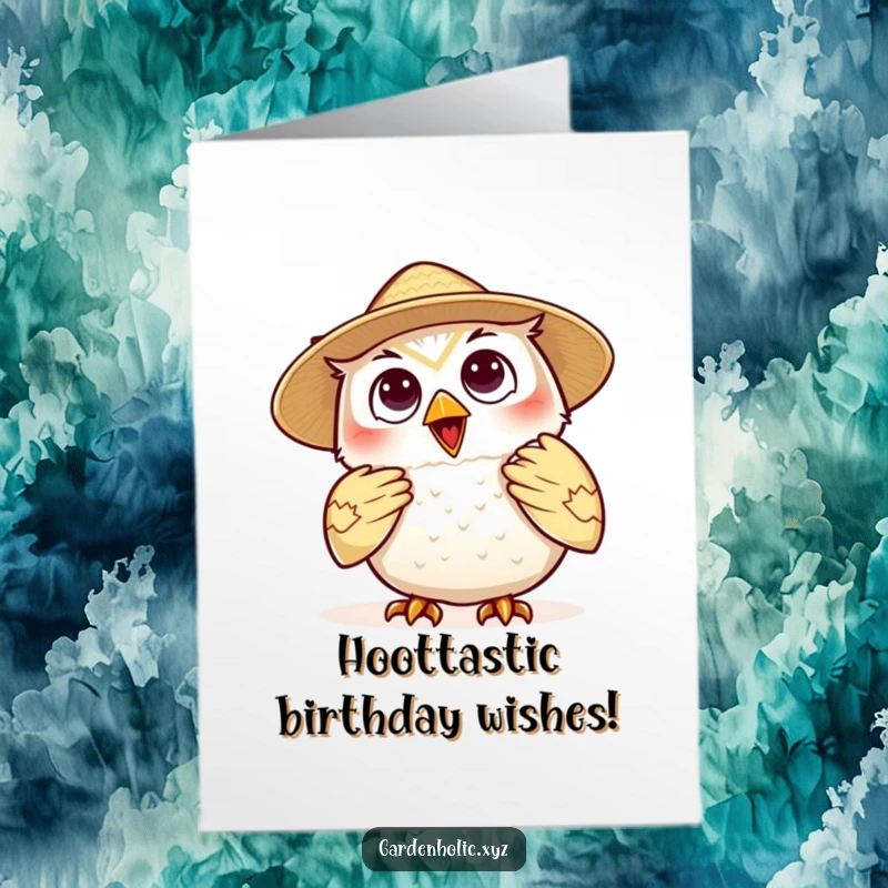 Funny Free Printable Birthday Card: Delighted owl in a straw hat, fanning itself, looking cool and relaxed.