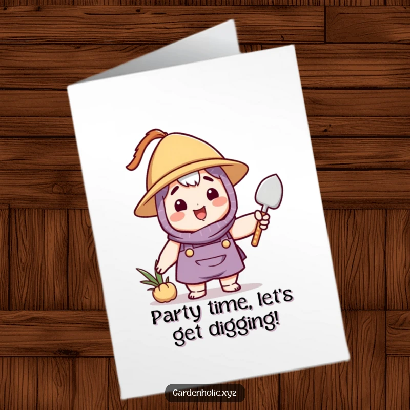 Funny Free Printable Birthday Card: Cheerful character in a hat happily waves a small trowel, ready for garden-themed celebrations.