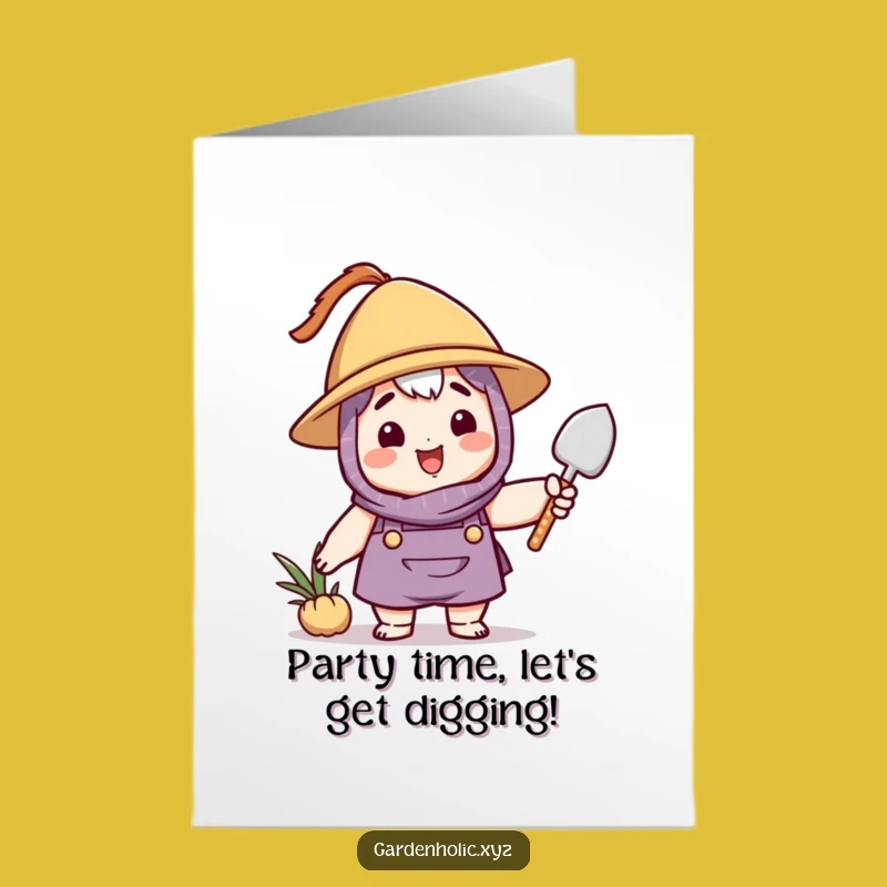Free Printable Birthday Card: Funny Trowel Waving Character - Downloadable DIY Gift