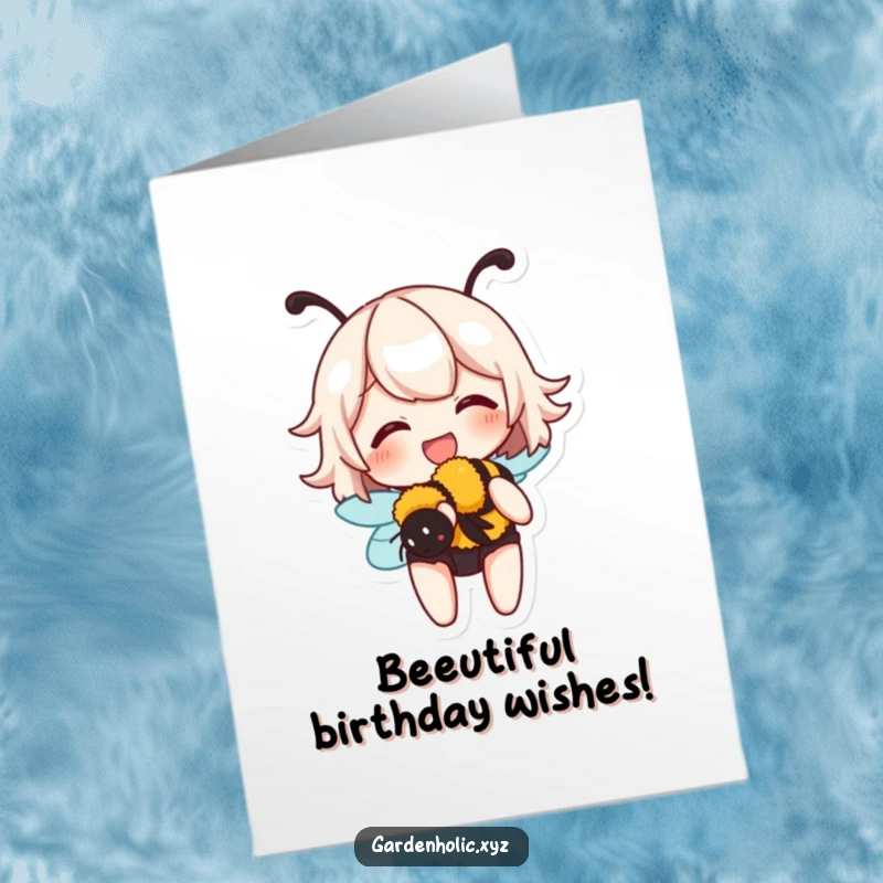 Funny Free Printable Birthday Card: A character giggles joyfully while holding a gently buzzing bumblebee, celebrating a birthday.