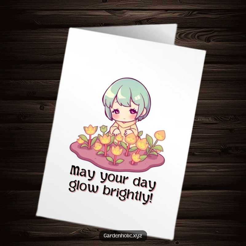 Funny Free Printable Birthday Card: Character happily watering glowing plants, a magical scene for a happy birthday, downloadable and print-at-home.