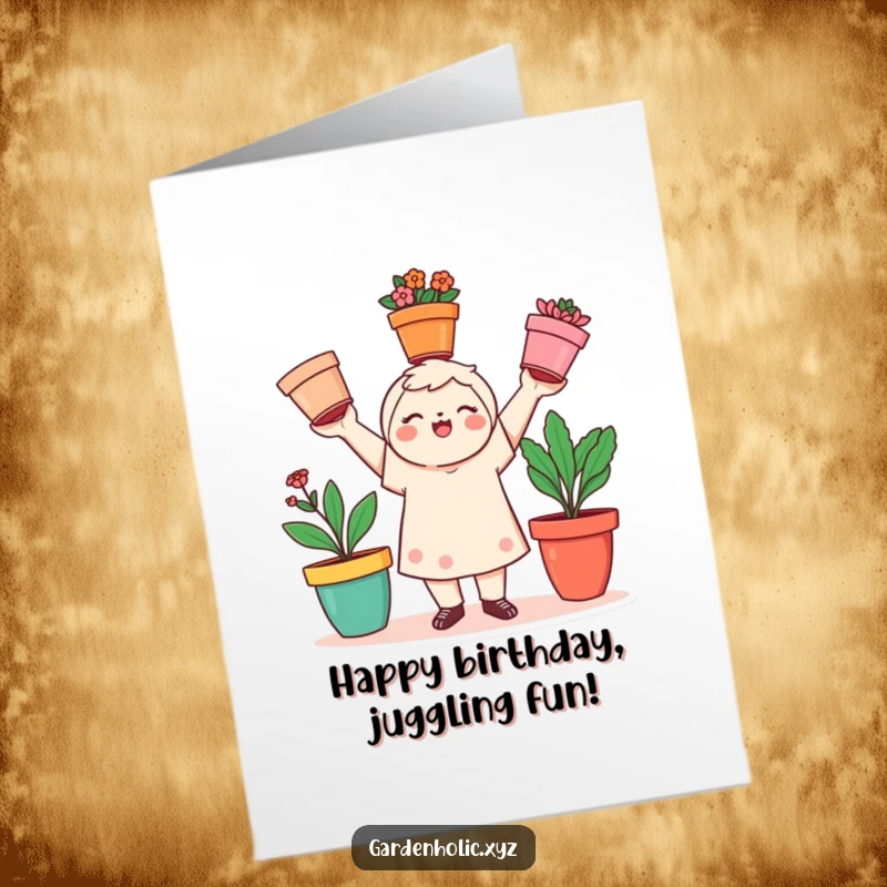 Funny Free Printable Birthday Card: Playful character cheerfully juggles three colorful flower pots, celebrating a birthday with vibrant, floral fun.