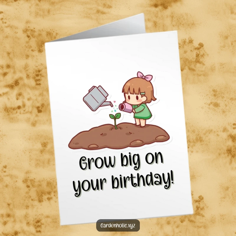 Funny free printable birthday card featuring a small character tenderly watering a tiny, delicate sprout with a watering can.