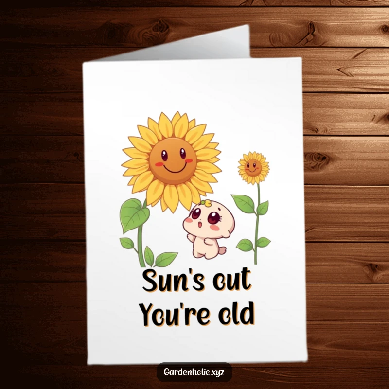 Funny Free Printable Birthday Card: Surprised character looking up at a giant, smiling sunflower, perfect for laughter.