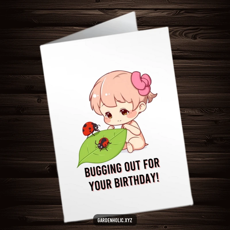 Funny Free Printable birthday card featuring a character intently studying a ladybug on a green leaf.