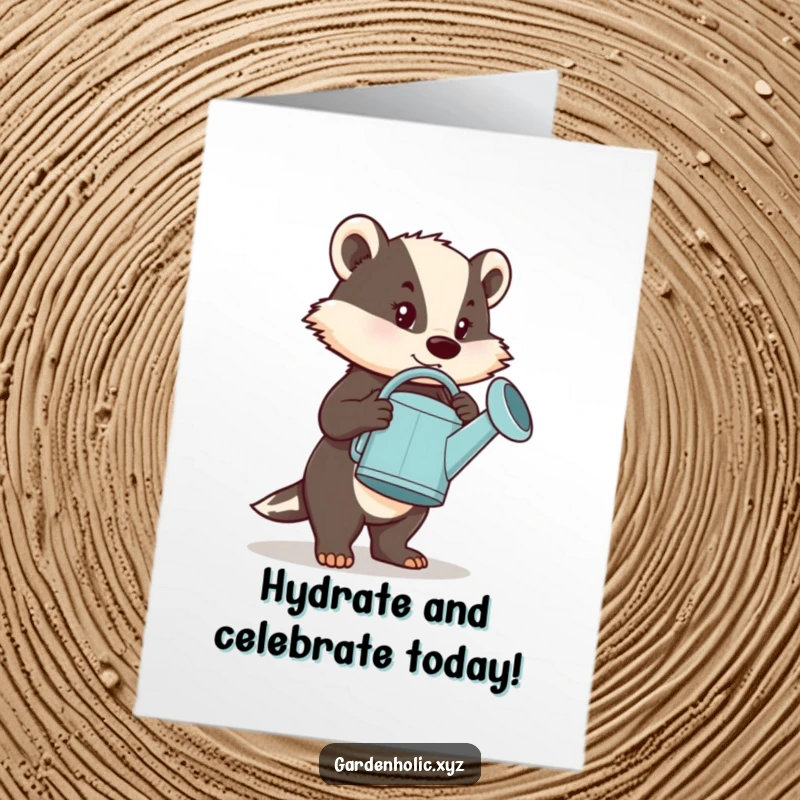 Funny Free Printable Birthday Card: Determined badger struggles humorously with an oversized watering can, a birthday surprise.