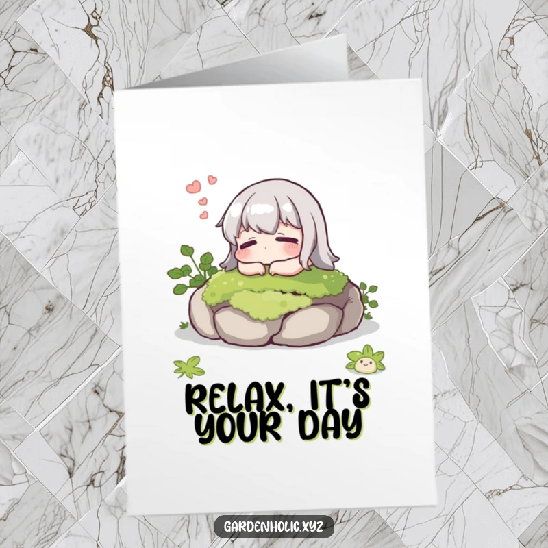 Funny Free Printable Birthday Card: A character blissfully resting on a mossy stone, exhaling a contented sigh, radiating peace.
