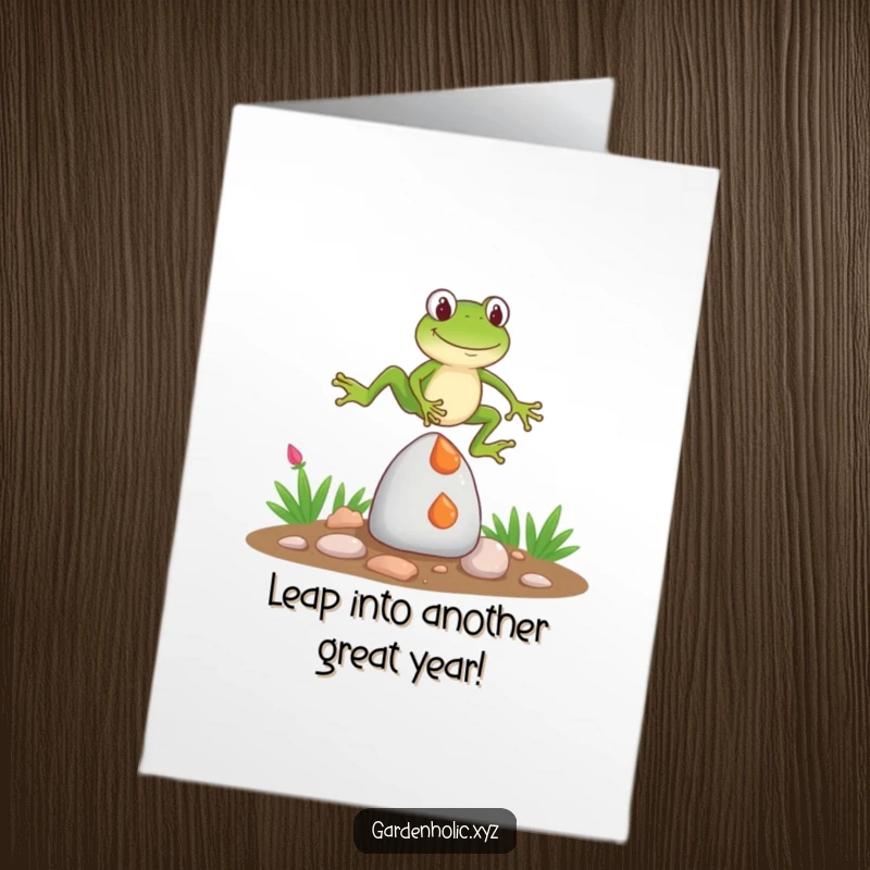 Funny Free Printable Birthday Card: Bouncy frog leaps over a garden gnome with a goofy expression, downloadable fun.