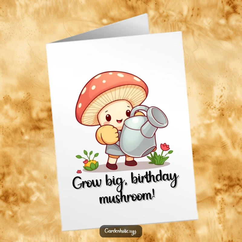 Funny Free Printable Birthday Card: Tiny mushroom in big gloves struggling with a giant watering can, celebrating a tough year.