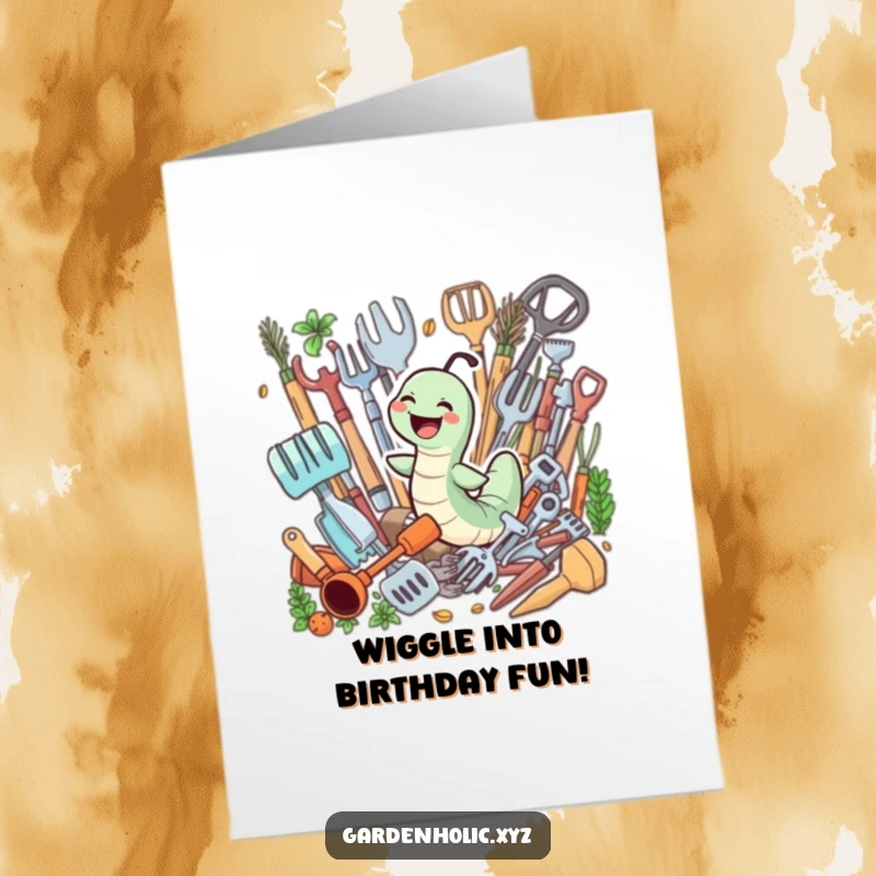 Funny Free Printable Birthday Card: Giggling worm joyfully swimming through gardening tools, celebrating a birthday in the soil.
