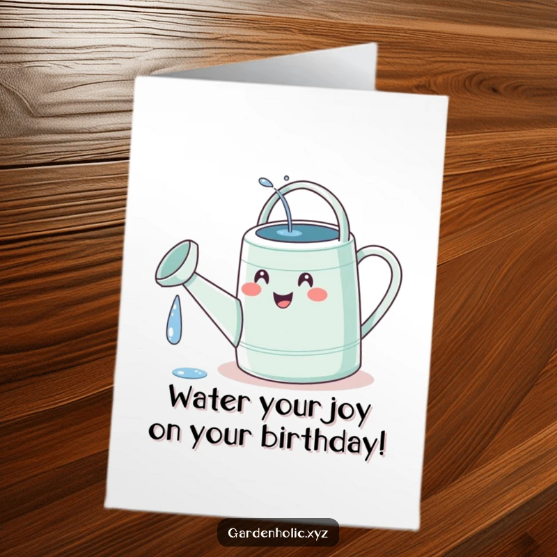 Funny Free Printable Birthday Card: Delighted watering can spilling water onto its own spout, a symbol of self-care.