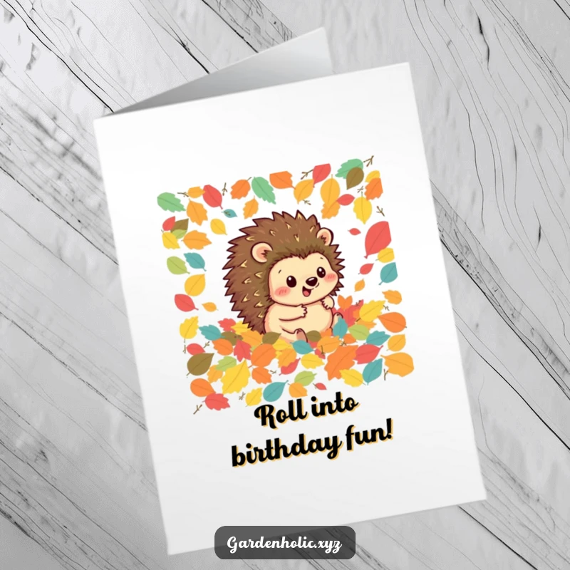 Funny Free Printable birthday card featuring a happy hedgehog rolling joyfully through a pile of vibrant autumn leaves.