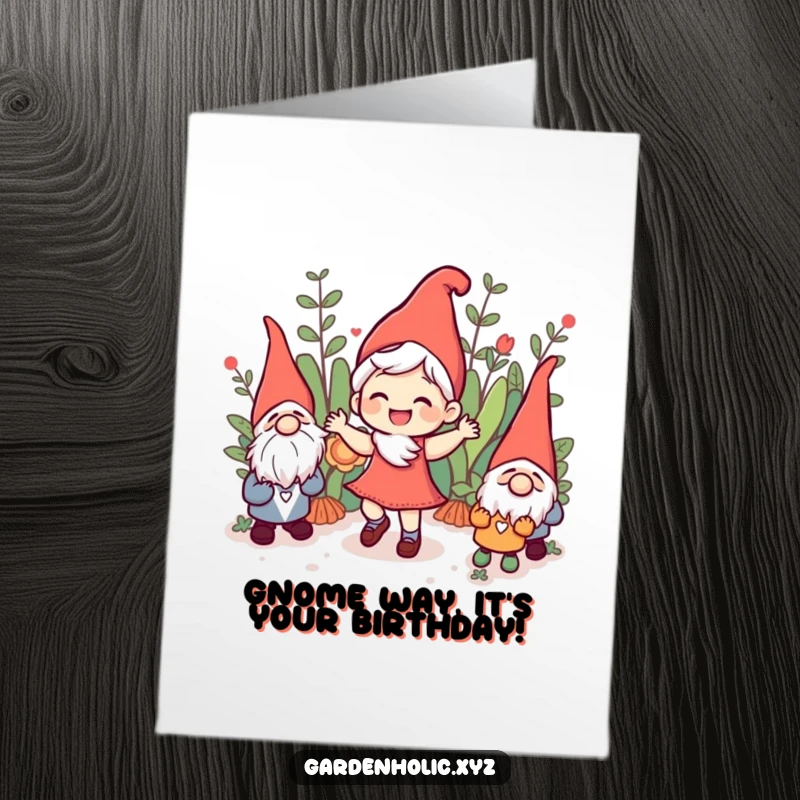 Funny Free Printable birthday card showing a joyful character doing a happy jig amongst cheerful garden gnomes.