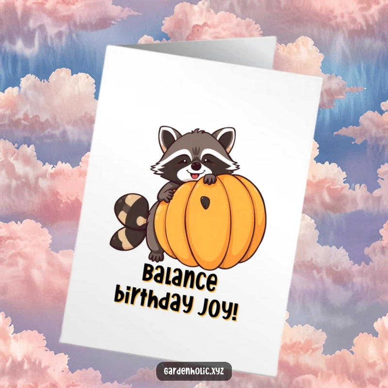 Funny Free Printable birthday card, a giggling raccoon hilariously trying to balance a giant pumpkin, celebrating the season.