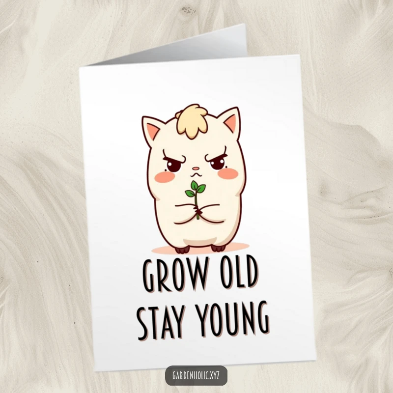 Funny Free Printable Birthday Card: Determined character holds a tiny sprout, symbolizing new beginnings and birthday wishes.