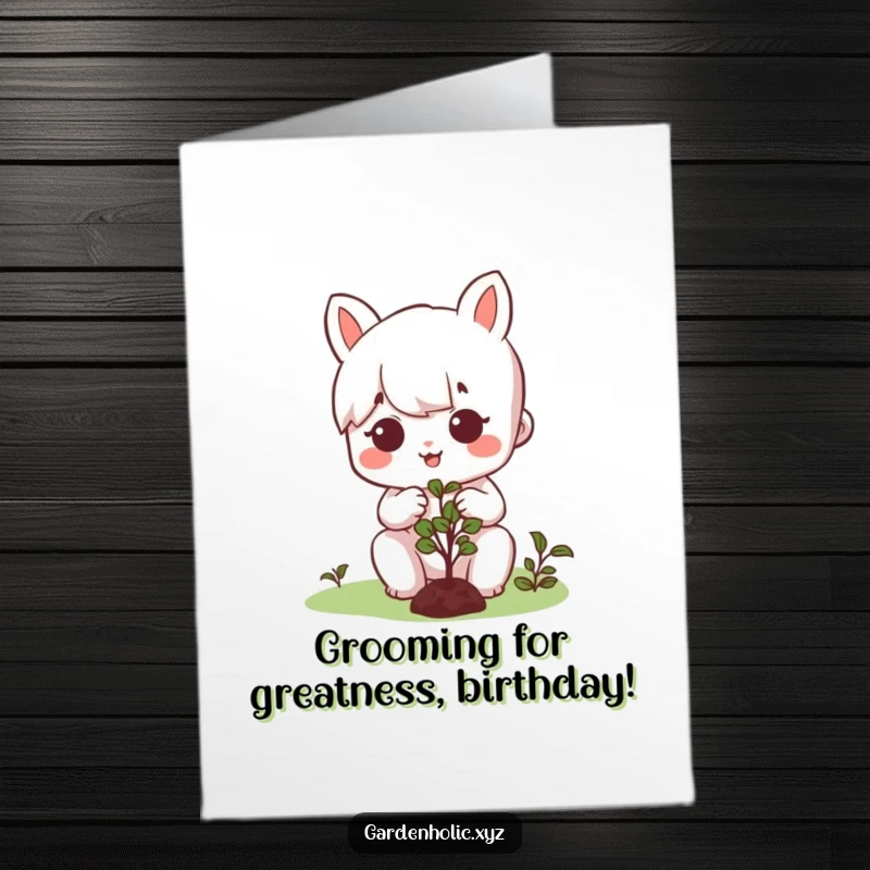 Funny Free Printable Birthday Card: A character happily and meticulously pruning a tiny bush, showing great concentration and joy.