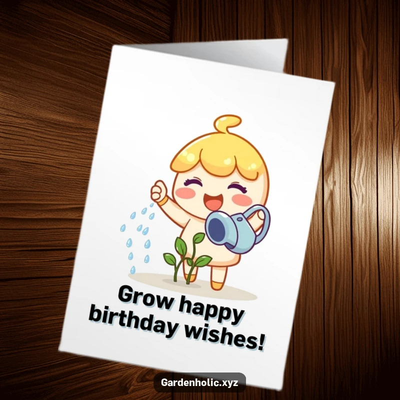 Funny Free Printable Birthday Card: Joyful character happily waters a tiny sprout with a watering can, symbolizing growth and happy birthday wishes.