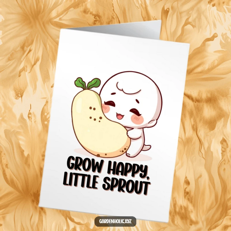 Funny Free Printable Birthday Card: A giggling character with dirt smudges on its cheek beams while admiring a large, plump vegetable.