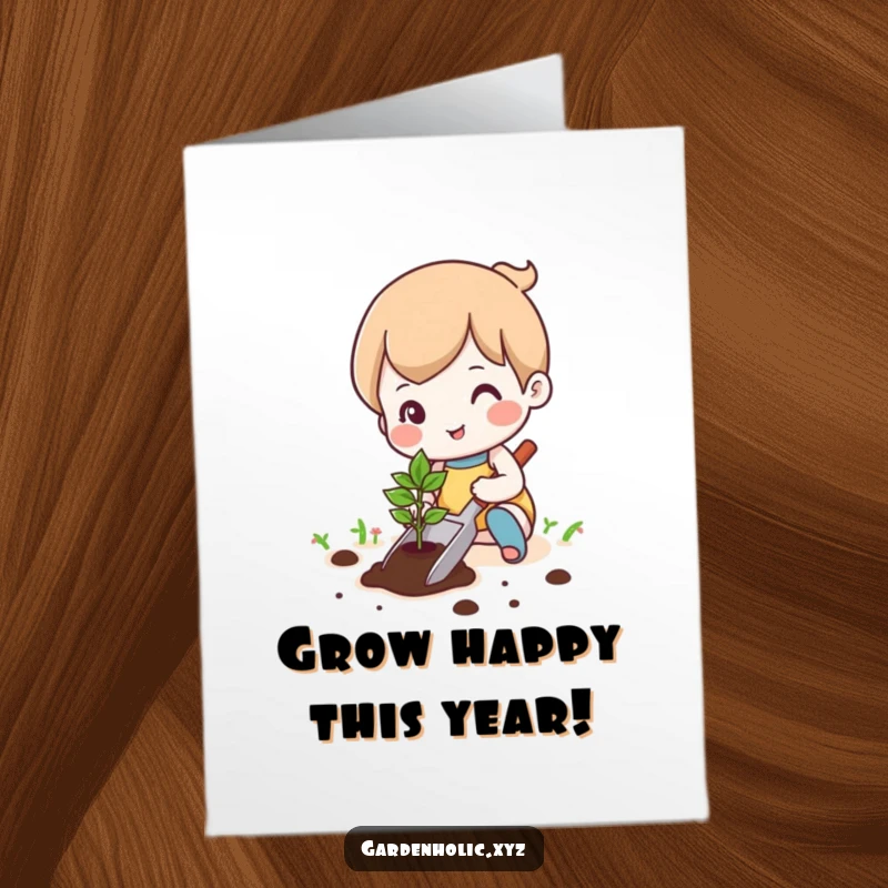 Funny Free Printable cute character happily planting a tiny seedling with a trowel on a birthday card.