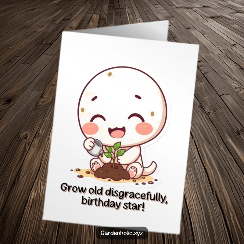 Funny Free Printable Birthday Card: Happy character with dirt smudges watering a tiny green sprout.