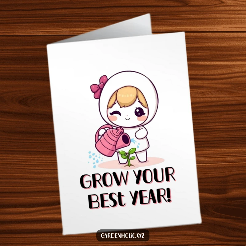 Funny Free Printable Birthday Card: A cute character happily sprays water from a watering can onto a tiny sprout.