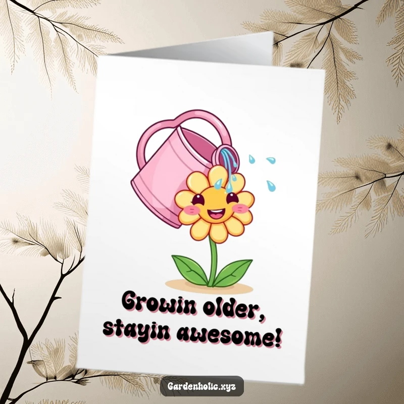 Funny Free Printable Birthday Card: Cute watering can showering a smiling flower with water droplets, symbolizing growth and happiness.