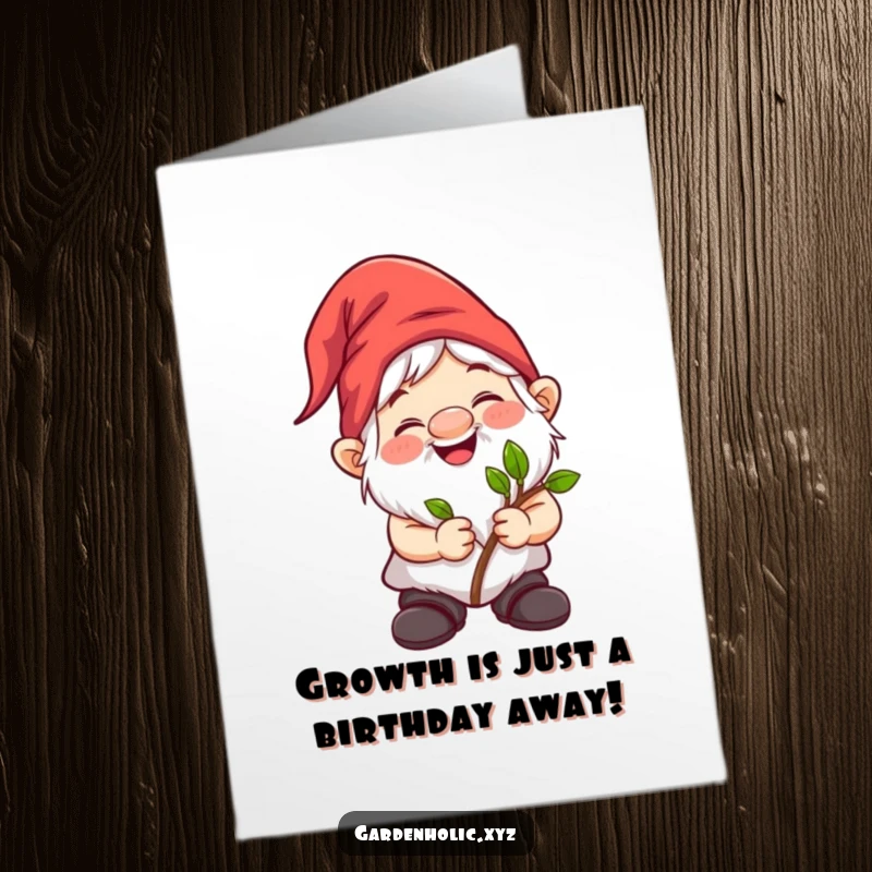 Funny Free Printable Birthday Card featuring a gleeful gnome holding a tiny sapling high, ready to celebrate.