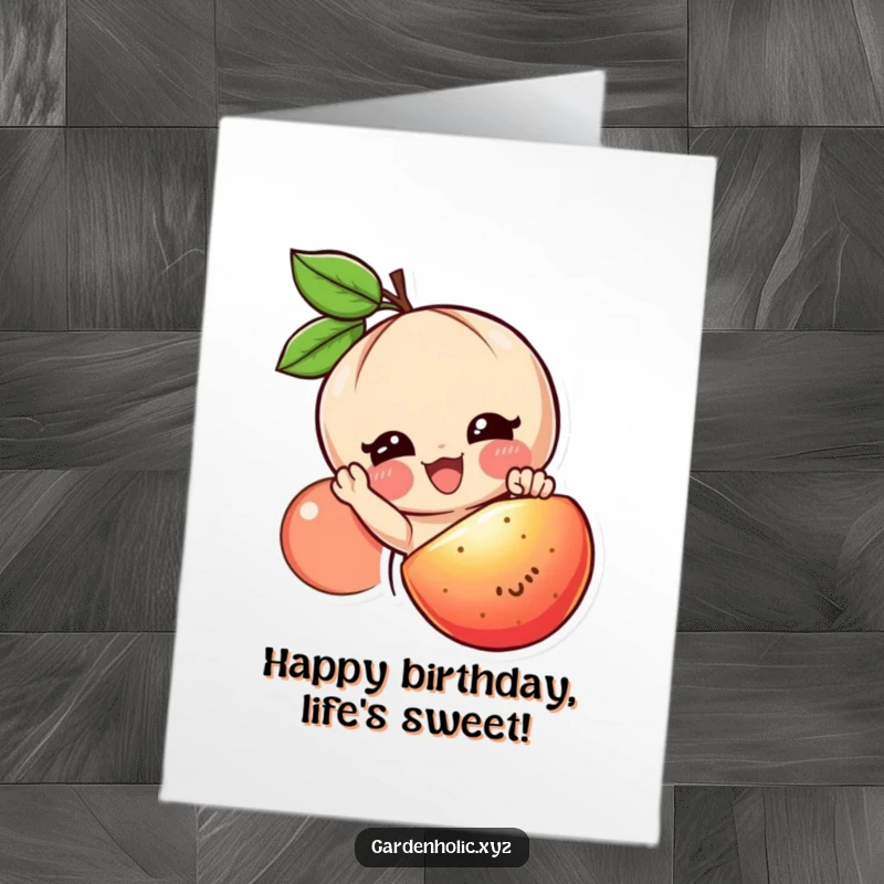 Funny Free Printable Birthday Card: Smiling character joyfully reaches for a juicy ripe fruit, symbolizing abundance and delight.