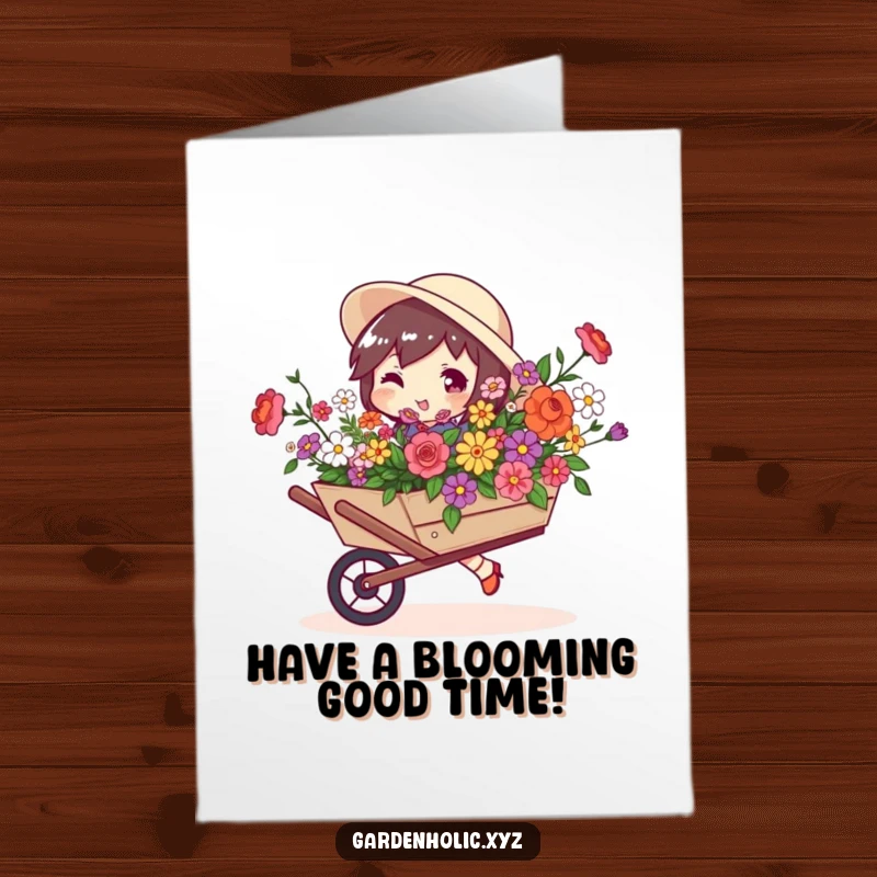 Funny Free Printable Birthday Card: Character struts with swagger, pushing a wheelbarrow overflowing with vibrant blooms.