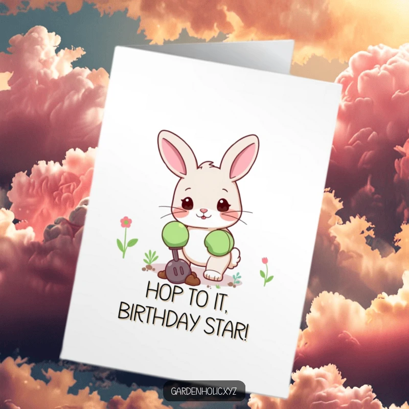 Funny Free Printable Birthday Card: Cute bunny in oversized gloves, happily digging in the garden.