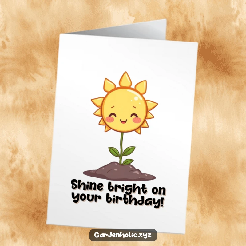 Funny Free Printable Birthday Card: A smiling sun shines warmly on a small, happy plant, celebrating a birthday.
