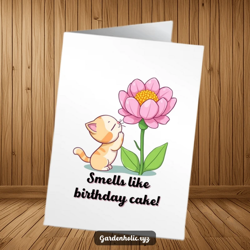Funny Free Printable birthday card, a curious cat sniffing a giant, blooming flower with wide-eyed wonder, celebrating with joy.