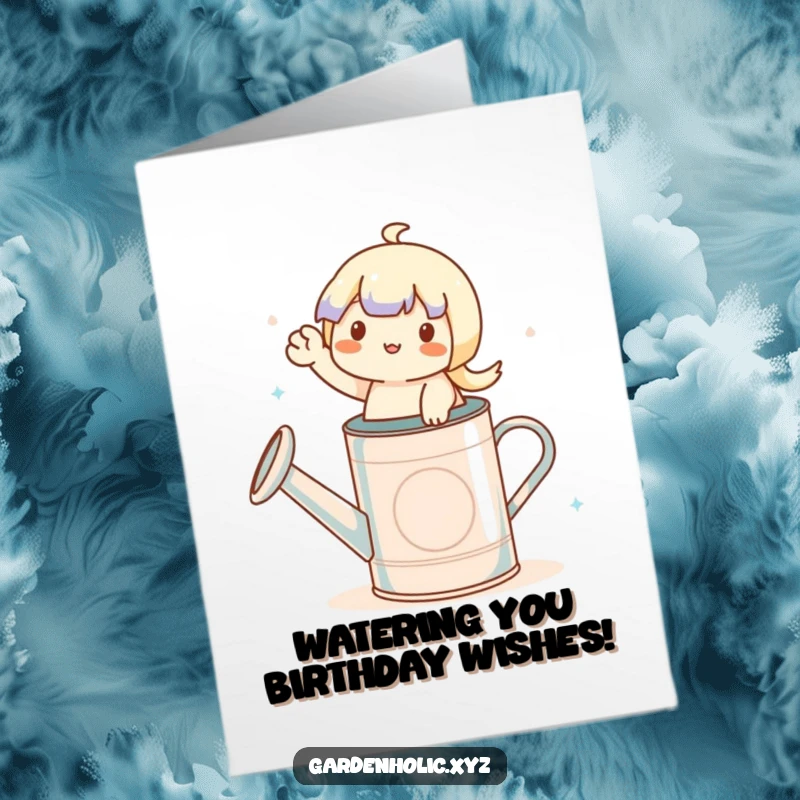 Funny Free Printable Birthday Card: Cute character on watering can waving hello joyfully.
