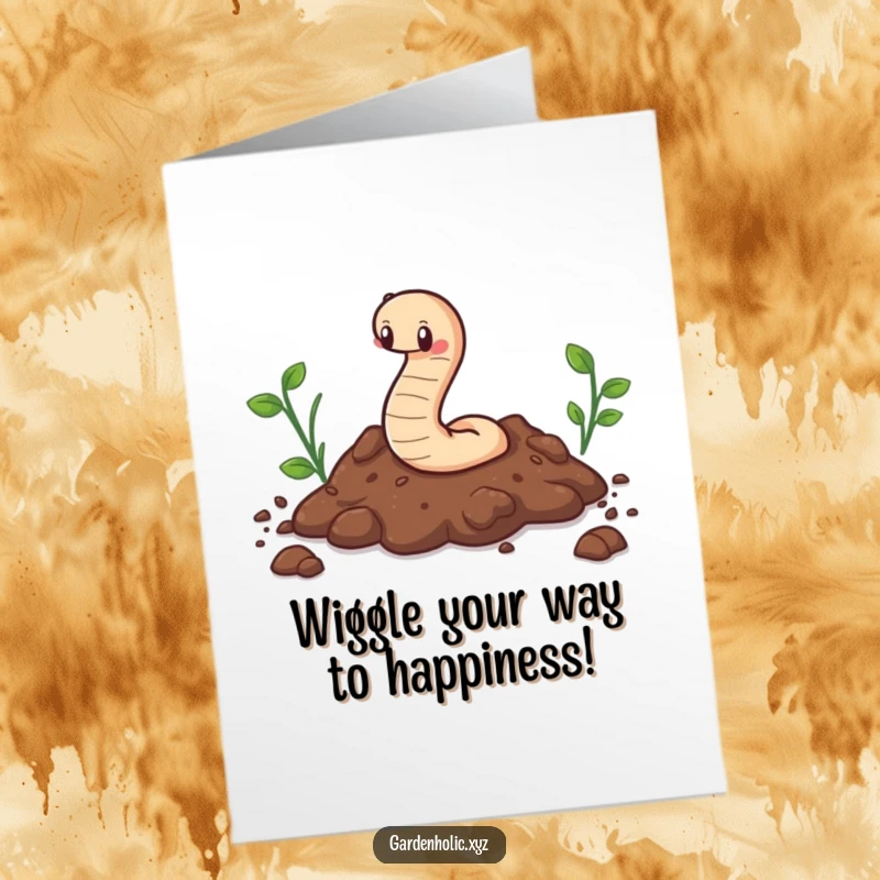 Funny Free Printable Birthday Card: Cute worm happily wiggling through a pile of soil, a garden delight.